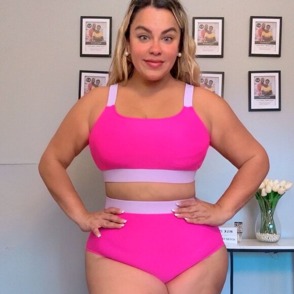 Bikini Set Two Piece High Waisted Scoop Neck Swimsuit Plus Size Pink Purple NEW - Picture 5 of 12